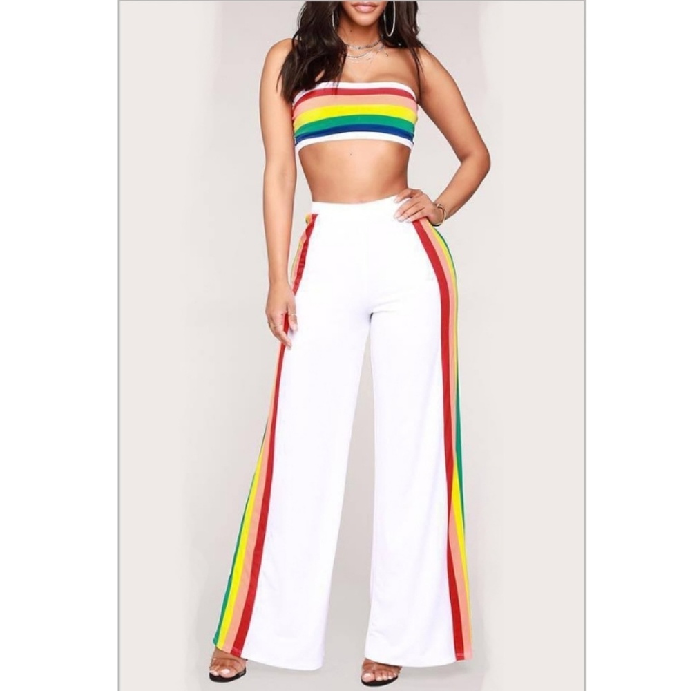 High Rise Wide Leg Pants & Bandeau Rainbow Top
